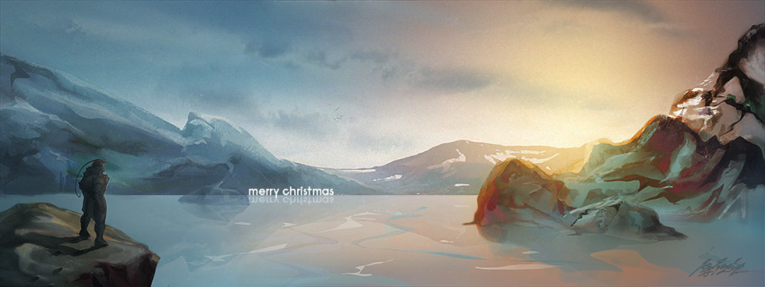 1boy alphonse_elric armor clouds cloudy_sky day english footprints full_armor full_body fullmetal_alchemist looking_away male_focus merry_christmas mountain nature outdoors reflection rock scenery shadow signature sky standing still_life sunset text_focus water