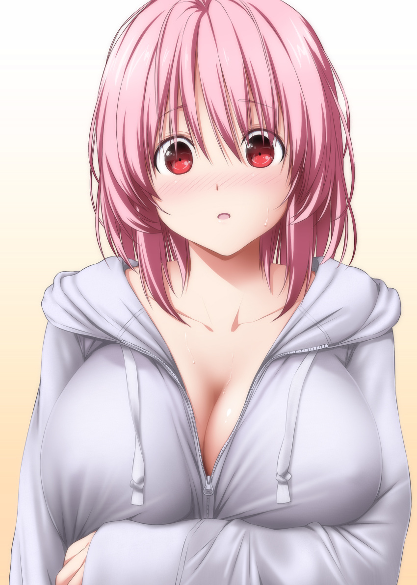 1girl :d bangs blush breast_hold breasts casual cleavage collarbone commentary_request contemporary eyebrows_visible_through_hair gradient gradient_background grey_sweater hair_between_eyes highres hood hood_down hooded_sweater hoodie large_breasts long_hair long_sleeves looking_at_viewer no_hat no_headwear nori_tamago nose_blush open_mouth parted_lips pink_hair red_eyes saigyouji_yuyuko short_hair sleeves_past_wrists smile solo sweatdrop sweater touhou white_background yellow_background zipper