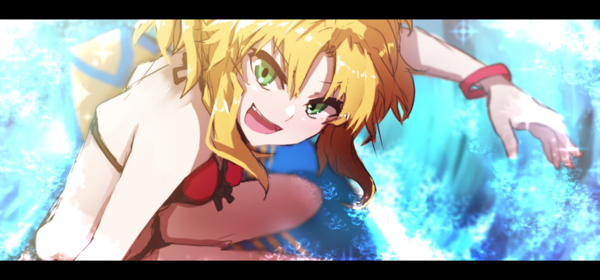 1girl :d absurdres bangs bare_shoulders bikini blonde_hair breasts commentary_request day eyebrows_visible_through_hair fate/grand_order fate_(series) green_eyes hair_between_eyes highres letterboxed medium_breasts mordred_(fate)_(all) mordred_(swimsuit_rider)_(fate) open_mouth outdoors ponytail protected_link red_bikini sidelocks smile solo squatting surfboard surfing swimsuit wada_kazu water