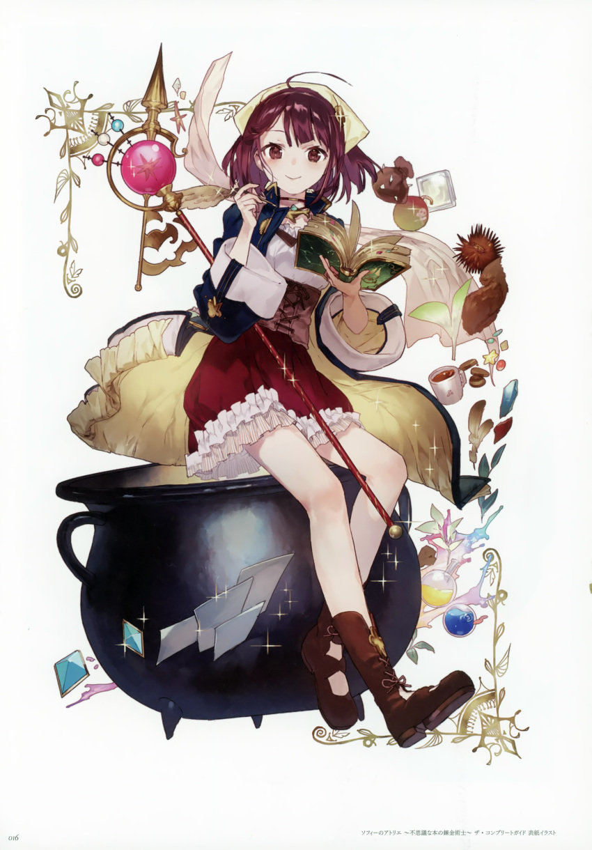 1girl absurdres atelier_(series) atelier_sophie blush book brown_eyes brown_hair cauldron hat highres huge_filesize jewelry looking_at_viewer necklace noco_(adamas) official_art open_mouth scan short_hair skirt smile solo sophie_neuenmuller staff