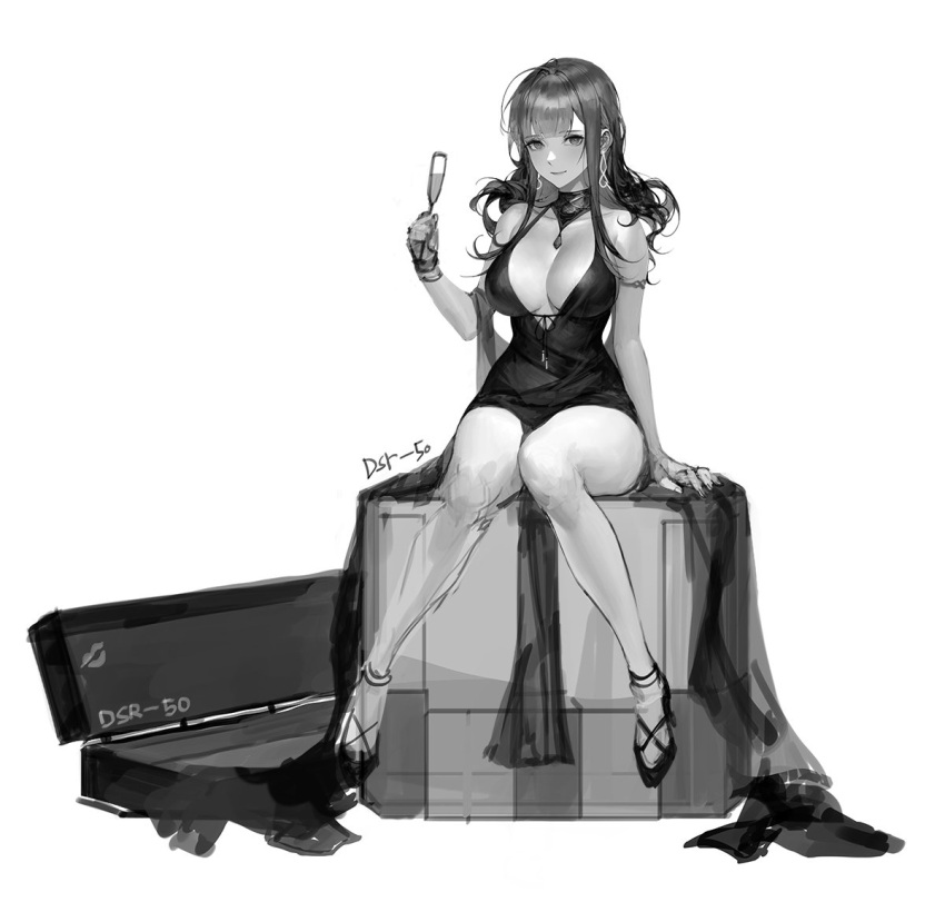 1girl bangs breasts champagne_flute character_name cleavage cup dress drinking_glass dsr-50_(girls_frontline) earrings full_body girls_frontline gorget greyscale ioliteplanet jewelry knees_together_feet_apart large_breasts long_dress long_hair looking_at_viewer monochrome no_bra pelvic_curtain plunging_neckline sitting smile solo