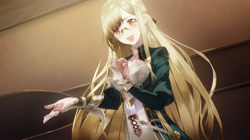 1girl atelier_(series) atelier_sophie blonde_hair boots brown_eyes cross-laced_footwear game_cg glasses half_updo knee_boots lace-up_boots long_hair monika_ellmenreich noco_(adamas) official_art pants pink_footwear smile solo standing uniform very_long_hair