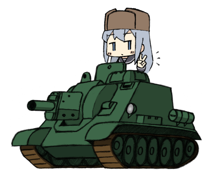 1girl blue_eyes chibi grey_hair ground_vehicle hat hibiki_(kantai_collection) iiyatsu_(stormtrooperh) kantai_collection military military_vehicle motor_vehicle self-propelled_gun soviet_union su-122 tank v verniy_(kantai_collection) white_background