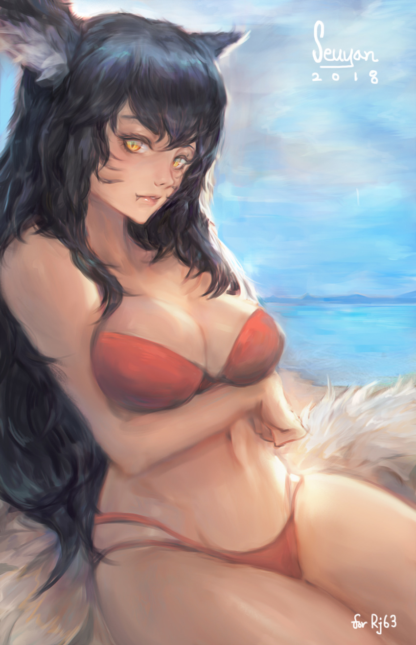 1girl absurdres ahri animal_ears artist_name bikini black_hair breast_hold breasts cleavage commentary dated english_commentary facial_mark fang fox_ears fox_tail highres large_breasts league_of_legends long_hair looking_at_viewer multiple_tails red_bikini seuyan slit_pupils solo swimsuit tail wavy_hair whisker_markings yellow_eyes