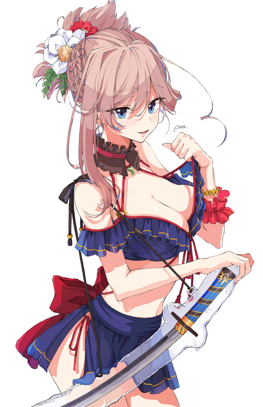 1girl :d absurdres asymmetrical_hair bangs bare_shoulders bikini bikini_top blue_bikini_top blue_eyes blue_skirt blush bow braid breasts brown_hair choker cleavage commentary_request eyebrows_visible_through_hair fate/grand_order fate_(series) fingernails flower frills hair_between_eyes hair_flower hair_ornament hand_up highres katana large_breasts lifted_by_self long_hair looking_at_viewer miyamoto_musashi_(fate/grand_order) open_mouth osanai pleated_skirt ponytail red_bow red_choker red_flower red_scrunchie scrunchie short_ponytail side-tie_bikini sidelocks signature simple_background skirt smile solo swimsuit sword weapon white_background white_flower wrist_scrunchie