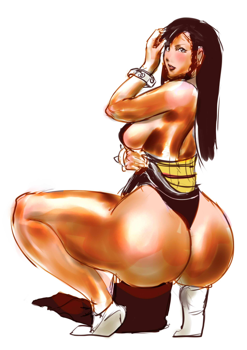 1girl absurdres adjusting_hair alternate_costume alternate_hairstyle arks arm_up ass bracelet braid breasts brown_eyes brown_hair capcom china_dress chinese_clothes chun-li curvy dress female from_behind highres huge_ass jewelry large_breasts long_hair looking_at_viewer looking_back muscle muscular_female obi pelvic_curtain revealing_clothes sash shiny shiny_skin sideboob sketch solo spiked_bracelet spikes squatting street_fighter street_fighter_v thick_thighs thighs