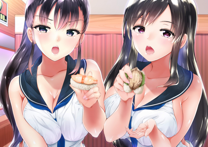 2girls amasora_taichi bangs between_breasts blue_neckwear blue_sailor_collar blurry blurry_foreground breast_squeeze breasts brown_hair cleavage collarbone commentary_request depth_of_field eyebrows_visible_through_hair fingernails food hair_between_eyes heart heart-shaped_pupils holding holding_food indoors large_breasts long_hair multiple_girls nail_polish necktie necktie_between_breasts open_mouth original pink_nails pov_feeding sailor_collar sailor_shirt shirt sidelocks sushi symbol-shaped_pupils upper_teeth very_long_hair violet_eyes white_shirt