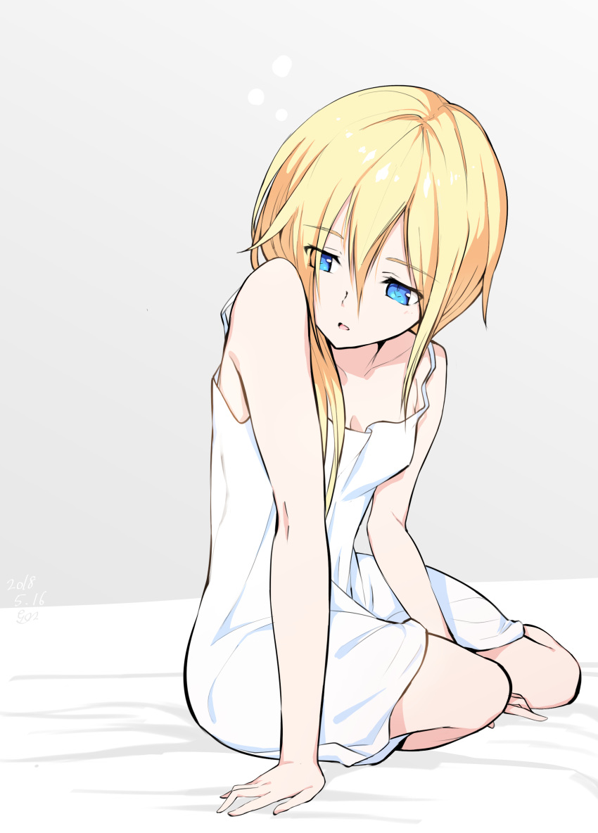 1girl 2018 absurdres bangs bare_legs bare_shoulders bed_sheet blonde_hair blue_eyes breasts cleavage collarbone dated dress eyebrows_visible_through_hair gogo_(detteiu_de) hair_between_eyes highres kingdom_hearts kingdom_hearts_ii long_hair namine open_mouth signature sitting small_breasts solo straight_hair white_dress yokozuwari