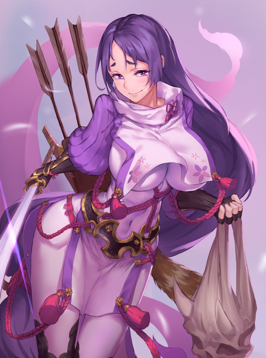 1girl absurdres arm_guards armor arrow ass atorosu bangs black_gloves bodysuit breasts covered_navel curvy fate/grand_order fate_(series) fingerless_gloves fur gloves highres holding holding_sword holding_weapon japanese_armor katana kote large_breasts leg_armor loincloth long_hair minamoto_no_raikou_(fate/grand_order) parted_bangs purple_bodysuit purple_hair quiver ribbed_sleeves rope shin_guards skin_tight smile sword tabard violet_eyes weapon