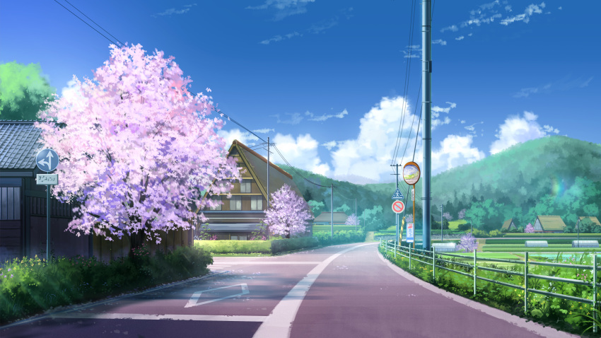 absurdres cherry_blossoms clouds day fence highres mirror niko_p no_humans original road road_sign scenery sign sky traffic_mirror tree