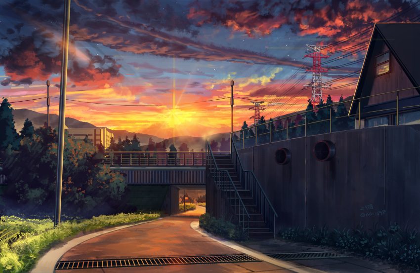 absurdres bridge building bush clouds dusk grass grate highres hill house lamppost light_rays niko_p no_humans original outdoors power_lines railing road scenery signature sky stairs star_(sky) starry_sky sun sunbeam sunlight sunset telephone_pole transmission_tower twitter_username
