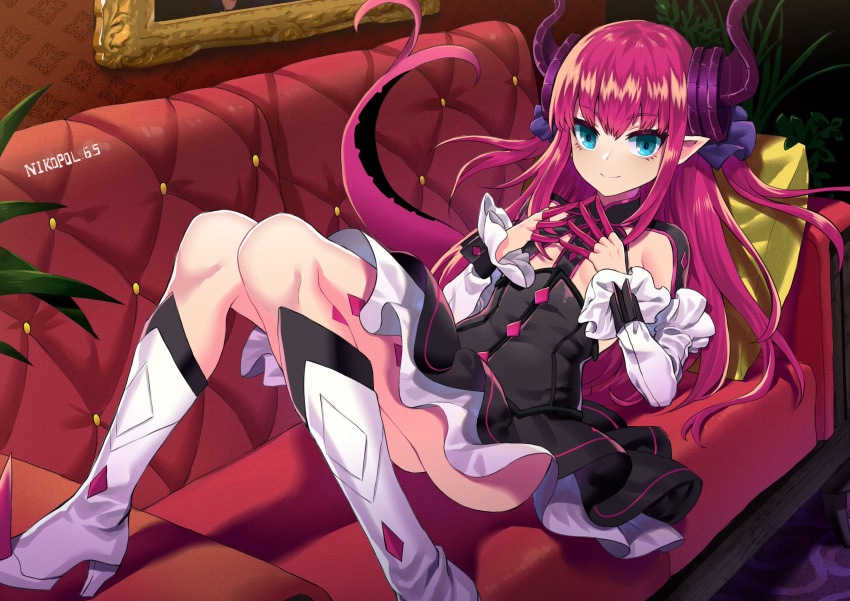 1girl absurdres ass bangs black_dress blue_eyes boots closed_mouth commentary_request couch curled_horns detached_sleeves dragon_girl dragon_horns dragon_tail dress elizabeth_bathory_(fate) elizabeth_bathory_(fate)_(all) eyebrows_visible_through_hair fate/extra fate/extra_ccc fate_(series) hair_between_eyes hair_ribbon hands_up high_heel_boots high_heels highres horns indoors knee_boots long_hair long_sleeves lying makise_medaka on_back on_couch picture_frame pink_hair purple_ribbon ribbon smile solo spiked_boots spikes steepled_fingers tail two_side_up very_long_hair white_footwear