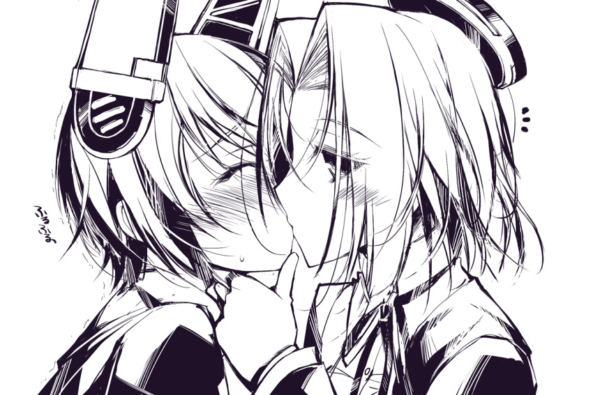 2girls blush closed_eyes collared_shirt from_side greyscale headgear kantai_collection kiss long_sleeves looking_at_viewer looking_to_the_side mechanical_halo monochrome multiple_girls notice_lines oota_yuuichi shirt simple_background sweatdrop tatsuta_(kantai_collection) tenryuu_(kantai_collection) trembling white_background wing_collar yuri