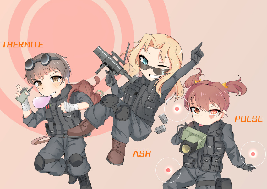 3girls :p absurdres alisa_(girls_und_panzer) antyobi0720 arm_up ash_(rainbow_six_siege) backpack bag bandage bangs black_footwear black_gloves black_jacket black_pants black_vest blonde_hair blue_eyes boots brown_eyes brown_footwear brown_hair character_name chewing_gum chibi commentary_request fbi freckles girls_und_panzer gloves glowing glowing_eyes goggles goggles_on_head grin gun hair_intakes hair_ornament highres holding holding_weapon jacket jumping kay_(girls_und_panzer) knee_pads laser_sight long_hair long_sleeves looking_at_viewer multiple_girls naomi_(girls_und_panzer) pants pink_background pointing pointing_up pouch pulse_(rainbow_six_siege) radio rainbow_six_siege short_hair short_twintails sleeves_rolled_up smile standing standing_on_one_leg star star_hair_ornament submachine_gun sunglasses swat thermite_(rainbow_six_siege) tongue tongue_out twintails very_short_hair vest weapon