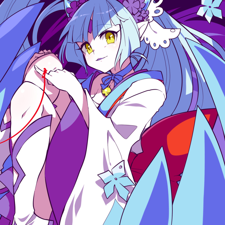 1girl bangs bell blue_choker blue_hair blue_ribbon breasts choker eyebrows_visible_through_hair facial_mark fingernails forehead_mark froslass gen_4_pokemon highres jingle_bell long_hair long_sleeves looking_at_viewer momoshiro neck_ribbon open_mouth personification pinky_out pointy_ears pokemon purple_background red_string ribbon smile solo string very_long_hair wide_sleeves yellow_eyes