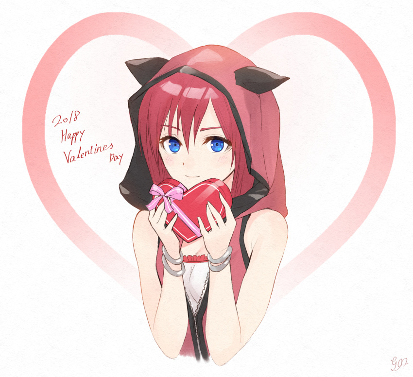 1girl 2018 bangs bare_shoulders blue_eyes bracelet chocolate chocolate_heart closed_mouth eyebrows_visible_through_hair eyelashes gogo_(detteiu_de) hair_between_eyes hands_up happy_valentine heart highres holding hood jewelry kairi_(kingdom_hearts) kingdom_hearts kingdom_hearts_iii medium_hair redhead signature sleeveless smile solo upper_body valentine white_background