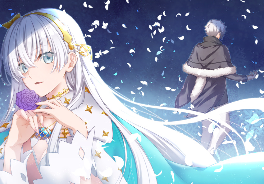 1boy 1girl anastasia_(fate/grand_order) black_capelet blue_cape blue_eyes breasts cape capelet cleavage eyebrows_visible_through_hair fate/grand_order fate_(series) floating_hair flower fur_trim gloves grey_gloves hair_between_eyes hair_flower hair_ornament hairband kadoc_zemlupus long_hair nina_(pastime) open_mouth pants petals purple_flower purple_rose rose silver_hair small_breasts standing very_long_hair white_pants yellow_flower yellow_hairband