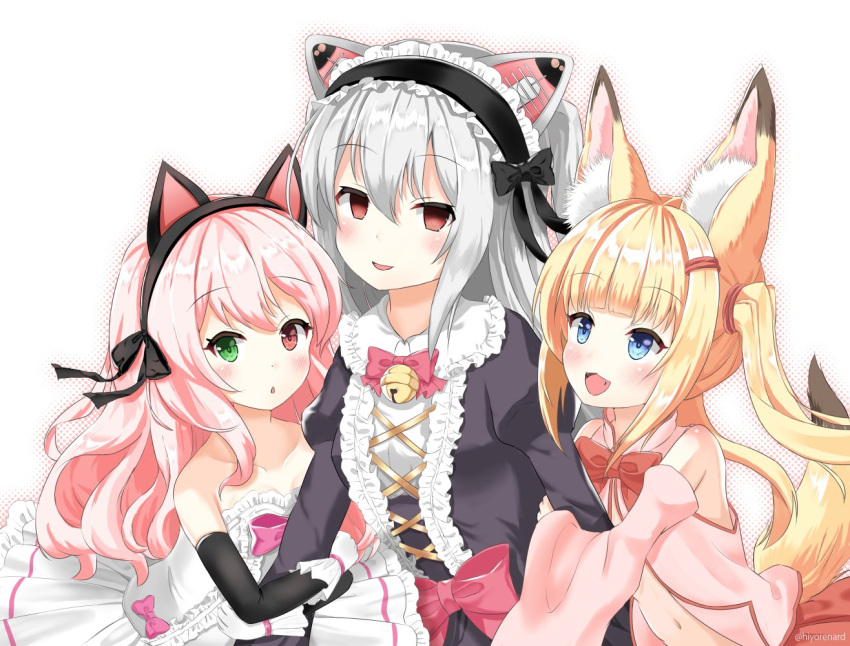 3girls animal_ears arm_hug bare_shoulders bell black_dress blonde_hair blue_eyes cat_ears character_request detached_sleeves dress empty_eyes fake_animal_ears fangs fox_ears fox_tail geso_(nekomachi) gloves hair_ornament hairband hairclip heterochromia jingle_bell kemomimi_oukoku_kokuei_housou long_hair mikoko_(kemomimi_oukoku_kokuei_housou) multiple_girls navel nora_cat nora_cat_channel oddai open_clothes open_mouth open_shirt pink_hair pink_shirt red_eyes red_skirt shirt silver_hair skirt smile strapless strapless_dress tail twintails upper_body white_dress white_gloves