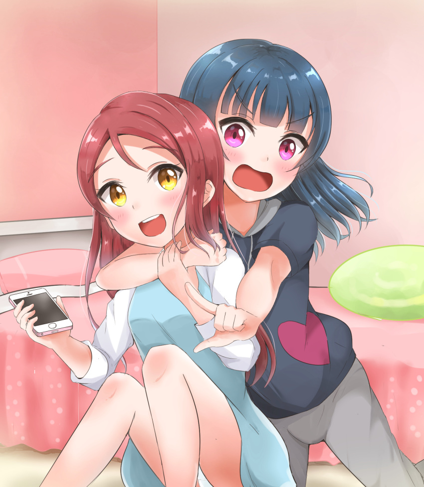 2girls :d alternate_hairstyle arm_around_neck bangs bed bedroom blue_dress blue_hair blunt_bangs blush cellphone commentary_request cushion dress grey_pants hand_on_another's_arm highres holding holding_phone hood hood_down hoodie indoors long_hair long_sleeves love_live! love_live!_sunshine!! multiple_girls open_mouth panties pants pantyshot pantyshot_(sitting) phone pointing raglan_sleeves redhead round_teeth sakurauchi_riko short_sleeves sin_(sin52y) sitting smartphone smile teeth tsushima_yoshiko underwear upper_teeth v-shaped_eyebrows violet_eyes white_panties yellow_eyes