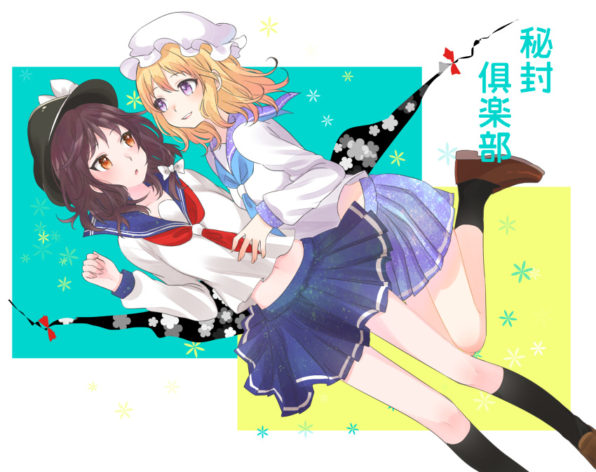 2girls black_legwear blonde_hair blue_neckwear blue_skirt bow brown_footwear brown_hair dutch_angle flower_(symbol) gap hair_bow hat hat_bow highres long_sleeves maribel_hearn midriff mob_cap multiple_girls navel neckerchief orange_eyes pleated_skirt red_neckwear sakechazuke school_uniform serafuku skirt socks touhou translated usami_renko violet_eyes white_bow