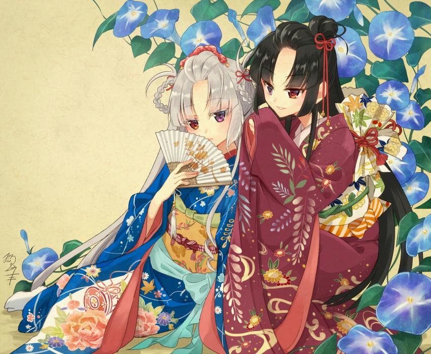 1girl 2girls bangs_pinned_back beige_background black_hair blue_kimono braid commentary_request eyebrows_visible_through_hair fan fine_art_parody floral_print flower flower_knot folding_fan grey_hair grin hair_bun hair_ribbon hair_rings highres holding holding_fan japanese_clothes kimono long_hair long_sleeves morning_glory multiple_girls nekozuki_yuki obi original parody plant red_eyes red_kimono ribbon sash signature sitting sleeves_past_wrists smile tabi very_long_hair vines violet_eyes wide_sleeves