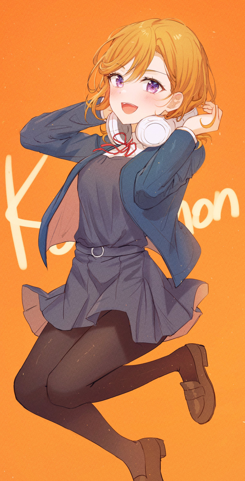 1girl :d absurdres bangs black_legwear black_skirt blue_jacket blush brown_footwear commentary headphones headphones_around_neck highres jacket loafers long_sleeves looking_at_viewer love_live! love_live!_superstar!! medium_hair neck_ribbon open_mouth orange_background orange_hair pantyhose red_ribbon ribbon school_uniform shibuya_kanon shoes short_hair skirt smile solo teeth tokkyu upper_teeth violet_eyes yuigaoka_school_uniform