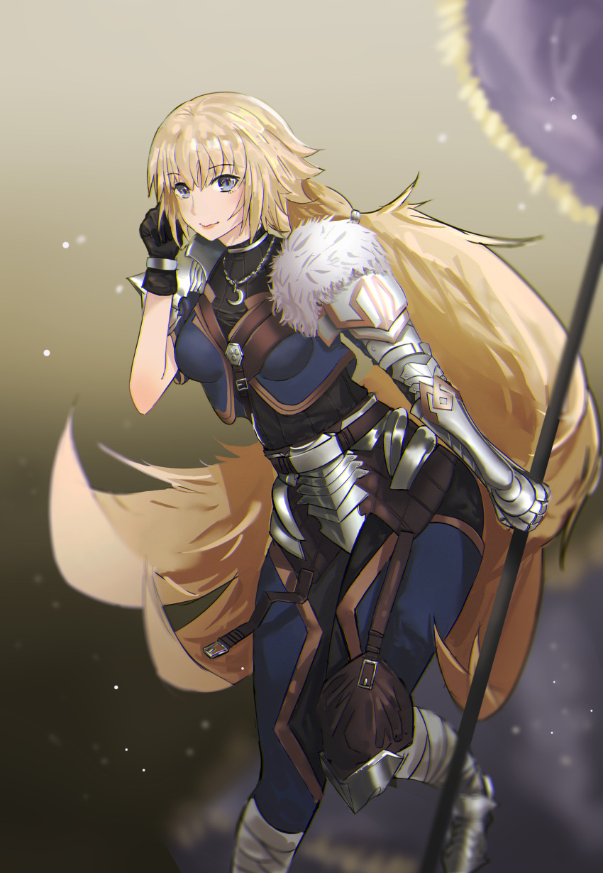 1girl absurdly_long_hair absurdres armor armored_boots asymmetrical_gloves bangs banner black_gloves blonde_hair blue_eyes blunt_bangs boots fate/apocrypha fate_(series) floating_hair fur_trim gauntlets gloves hair_ornament hand_in_hair highres holding jeanne_d'arc_(fate) jeanne_d'arc_(fate)_(all) jewelry leg_up long_hair looking_at_viewer necklace pants ponytail smile solo standing standing_on_one_leg very_long_hair