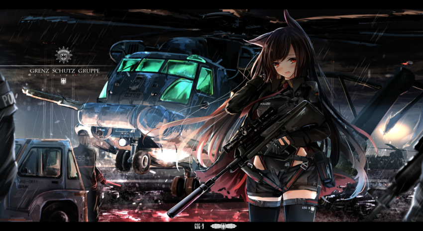 1girl aircraft animal_ears armor assault_rifle bangs belt_pouch black_legwear black_shirt blurry blush brown_hair bullpup cape car commentary_request depth_of_field gloves ground_vehicle gun haguruma_(hagurumali) helicopter holding holding_gun holding_weapon long_hair long_sleeves looking_at_viewer military military_vehicle motor_vehicle necktie night open_mouth original outdoors police pouch rain red_eyes red_neckwear rifle scope shirt short_shorts shorts solo_focus steyr_aug suppressor thigh-highs trigger_discipline weapon wing_collar