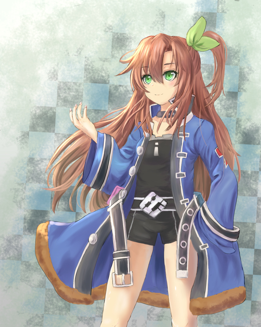 1girl bow brown_hair choker eyebrows_visible_through_hair green_eyes hair_between_eyes hair_bow hair_ornament highres if_(choujigen_game_neptune) jacket long_hair looking_away neptune_(series) ribbon solo tobi_(mylifekei)