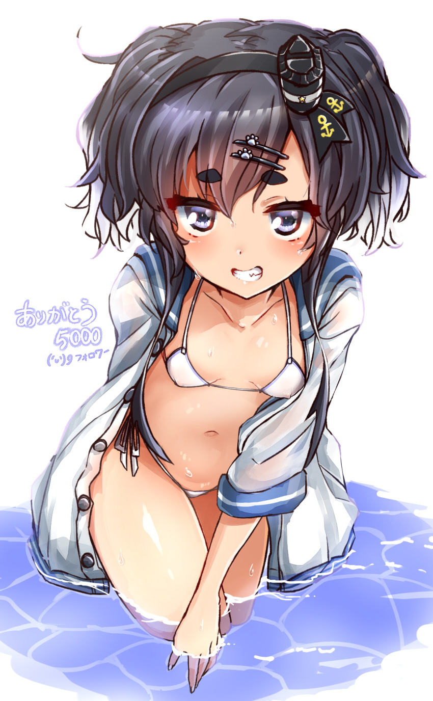 1girl bikini black_hair blush breasts dress eyebrows_visible_through_hair graphite_(medium) hair_ornament highres kantai_collection long_hair looking_at_viewer mechanical_pencil pencil purple_hair sailor_collar sailor_dress simple_background small_breasts smile solo swimsuit thick_eyebrows thighs tokitsukaze_(kantai_collection) traditional_media wet wet_clothes white_background yufuissei0702