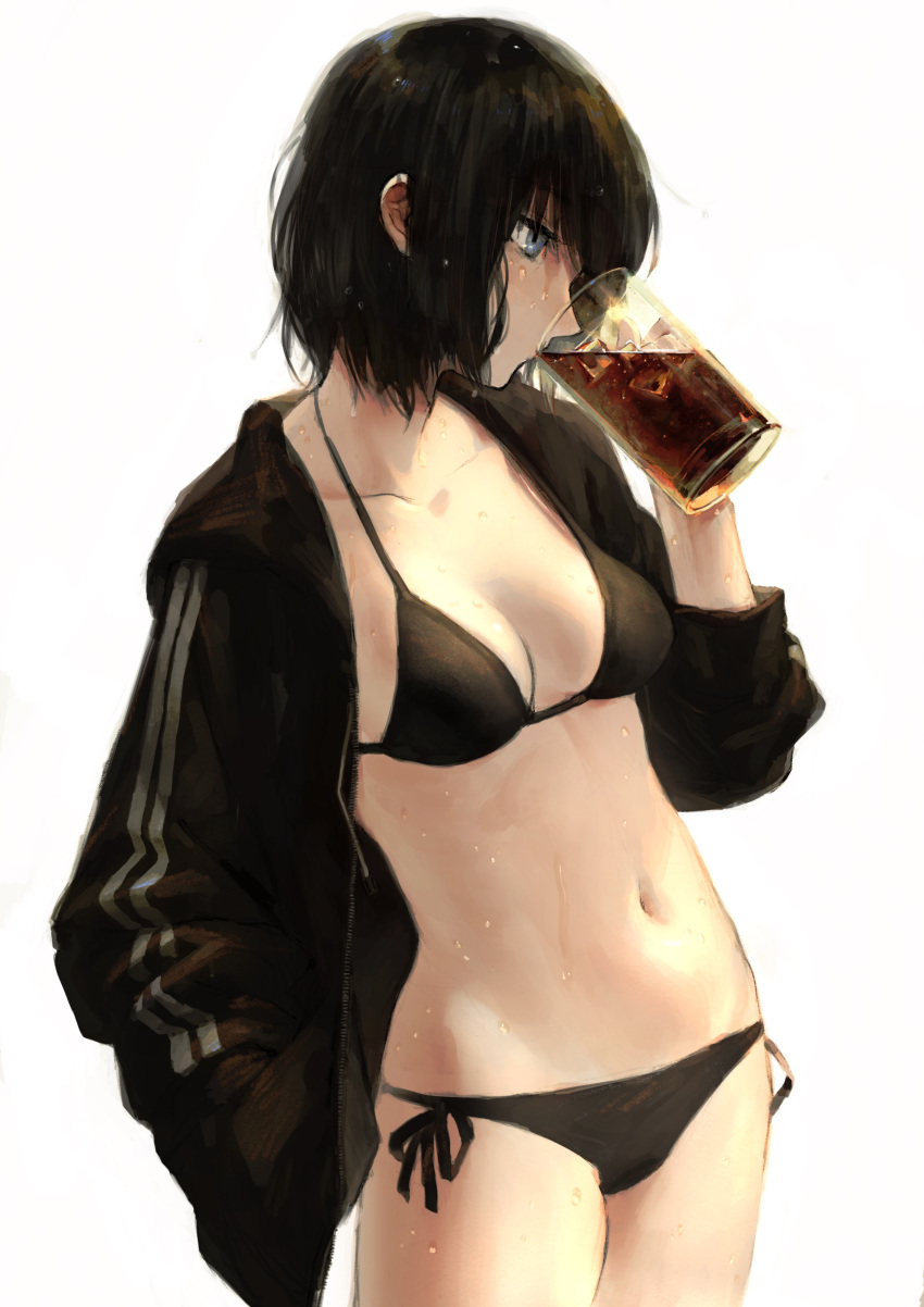 1girl absurdres bangs bikini black_bikini black_hair black_jacket blue_eyes breasts cleavage closed_mouth cola collarbone commentary_request cowboy_shot cup drink drinking_glass hand_in_pocket hand_up highres holding holding_drinking_glass hood hood_down hooded_jacket ice ice_cube jacket long_sleeves medium_breasts navel open_clothes open_jacket original profile puffy_long_sleeves puffy_sleeves short_hair side-tie_bikini solo stomach swimsuit tentsuu_(tentwo) wet