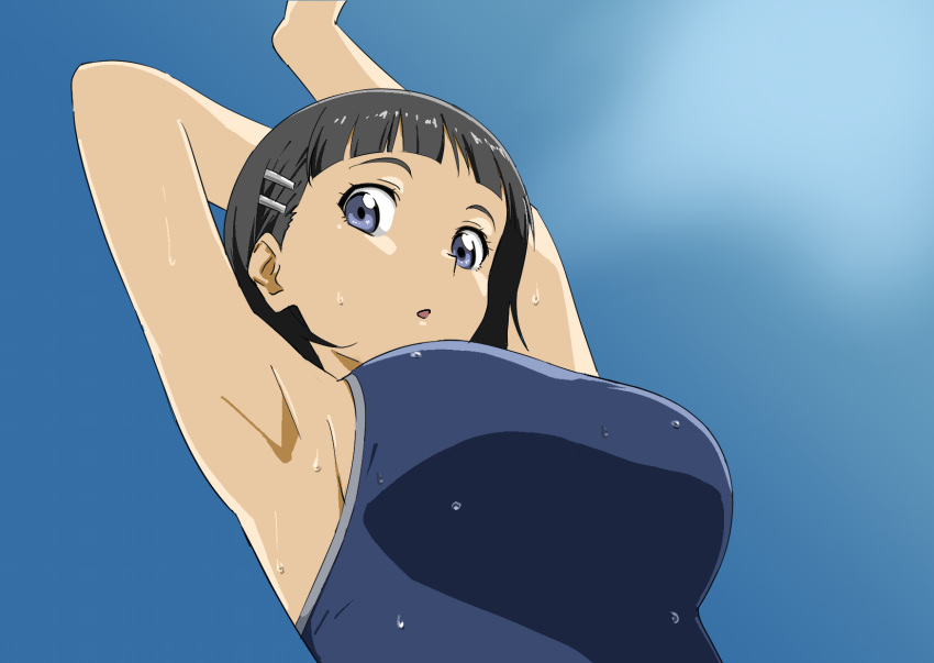 1girl :o armpits bangs blue_background breasts from_below hair_ornament hairclip highres kirigaya_suguha large_breasts looking_at_viewer looking_down school_swimsuit short_hair solo stretch swimsuit sword_art_online