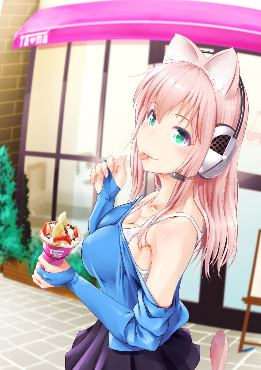 1girl absurdres animal_ears blush breasts cat_ears cat_tail ganari_ryuu green_eyes headphones headset highres large_breasts long_hair looking_at_viewer open_mouth original pink_hair smile solo super_tama_musume tail tamatoys
