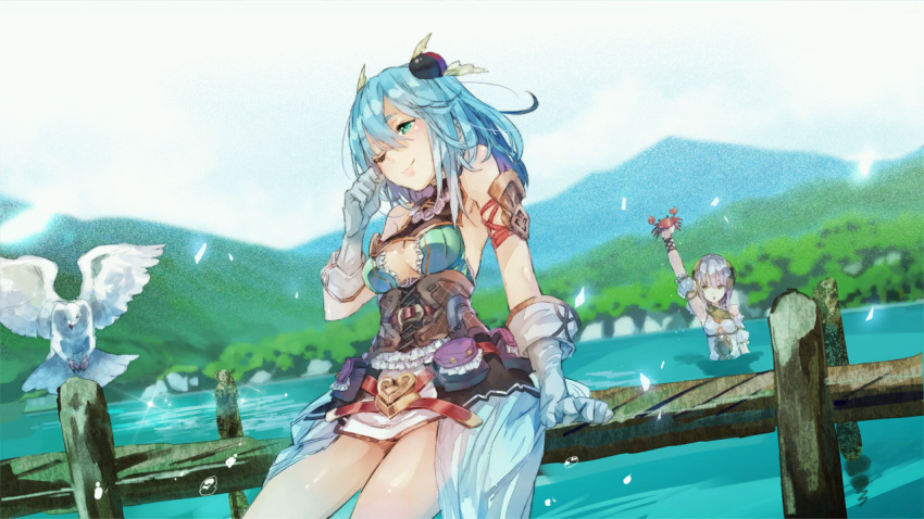 2girls atelier_(series) atelier_sophie blue_eyes blue_hair breasts capelet cleavage cleavage_cutout corset day elbow_gloves game_cg gloves green_eyes hair_ornament lake large_breasts leon_(atelier) long_hair multiple_girls noco_(adamas) official_art one_eye_closed plachta silver_hair skirt smile thigh-highs water white_gloves
