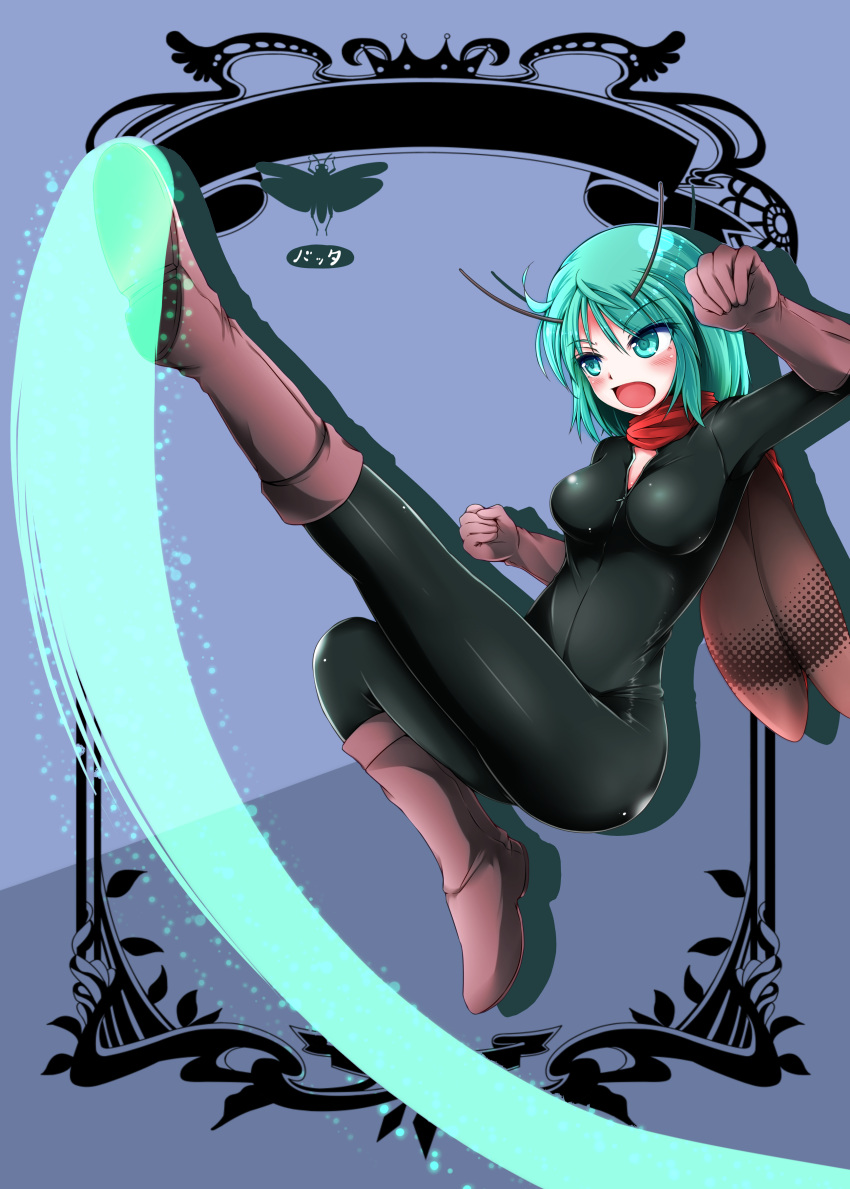 1girl absurdres alternate_costume antennae black_bodysuit bodysuit boots brown_footwear bug clenched_hand crown grasshopper green_eyes green_hair high_kick highres insect kicking muki_(munikichan) open_mouth red_scarf scarf solo touhou wriggle_nightbug zipper