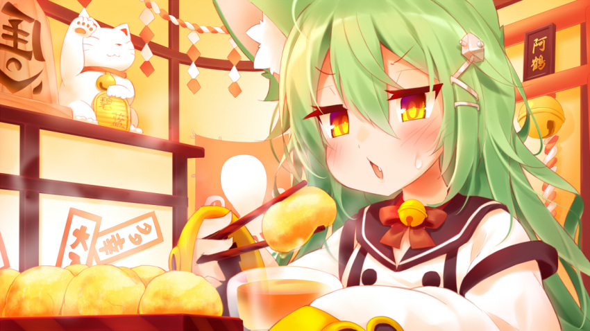 1girl akashi_(azur_lane) animal_ears azur_lane bangs bell black_sailor_collar blush cat_ears cat_girl chestnut_mouth chopsticks commentary_request dot_nose double-breasted double_vertical_stripe dress eating eyebrows_visible_through_hair eyelashes fang food_request green_hair hair_between_eyes hair_ornament holding holding_chopsticks indoors jingle_bell jitome koha long_hair long_sleeves maneki-neko open_mouth parted_bangs sailor_collar shiny shiny_hair sitting sleeve_cuffs solo steam sweatdrop translation_request upper_body v-shaped_eyebrows wavy_hair white_dress yellow_eyes