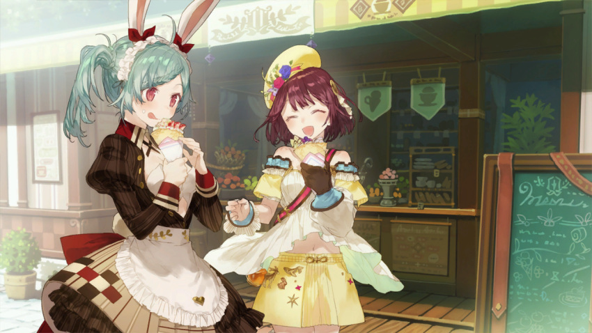2girls animal_ears apron atelier_(series) atelier_sophie bare_shoulders blue_hair blush bow breasts brown_eyes brown_hair crepe eating food game_cg jewelry long_hair maid_apron multiple_girls navel necklace noco_(adamas) official_art rabbit_ears short_hair skirt smile solo sophie_neuenmuller tess_heitzmann tongue tongue_out