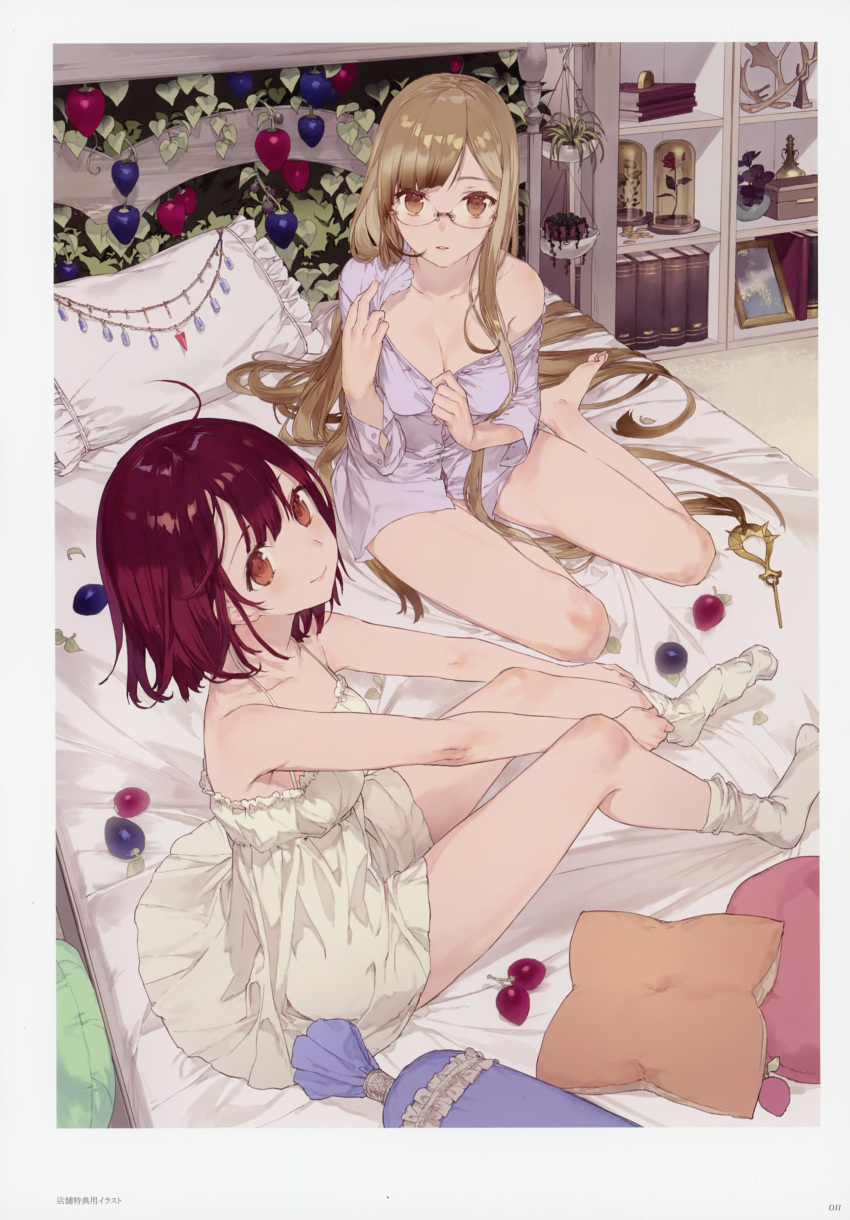 2girls absurdres adjusting_sock ahoge atelier_(series) atelier_sophie barefoot bed berries blouse breasts cleavage food fruit glasses highres huge_filesize light_brown_hair long_hair looking_at_viewer medium_breasts monika_ellmenreich multiple_girls no_shoes noco_(adamas) off_shoulder official_art on_bed orange_eyes pillow redhead scan shirt short_hair sitting smile socks sophie_neuenmuller spaghetti_strap very_long_hair yokozuwari