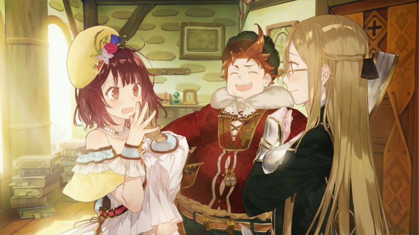 1boy 2girls atelier_(series) atelier_sophie blonde_hair blush breasts brown_eyes brown_hair fat game_cg glasses gloves hat jewelry laughing long_hair monika_ellmenreich multiple_girls necklace noco_(adamas) official_art open_mouth oskar_behlmer scarf short_hair skirt smile sophie_neuenmuller tears very_long_hair