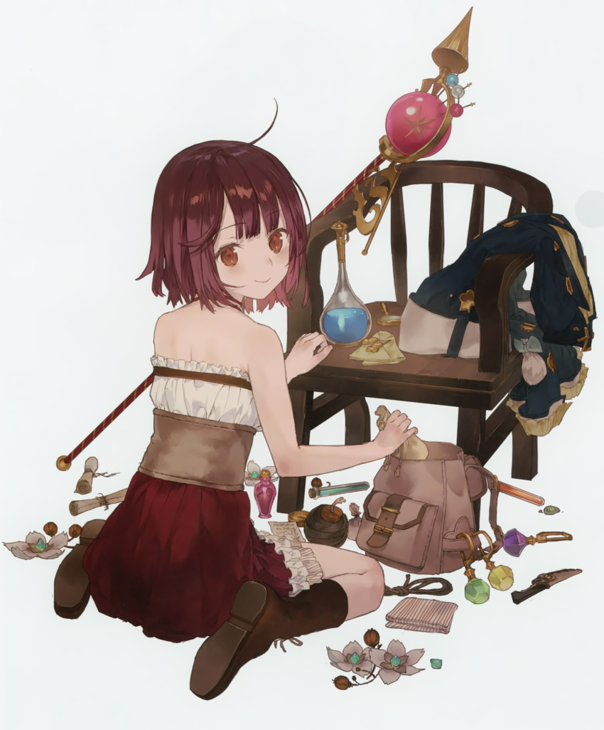 1girl absurdres atelier_(series) atelier_sophie back bag bare_shoulders blush brown_eyes brown_hair dagger flower from_behind highres huge_filesize looking_at_viewer looking_back noco_(adamas) official_art open_mouth potion scroll short_hair skirt smile solo sophie_neuenmuller staff weapon