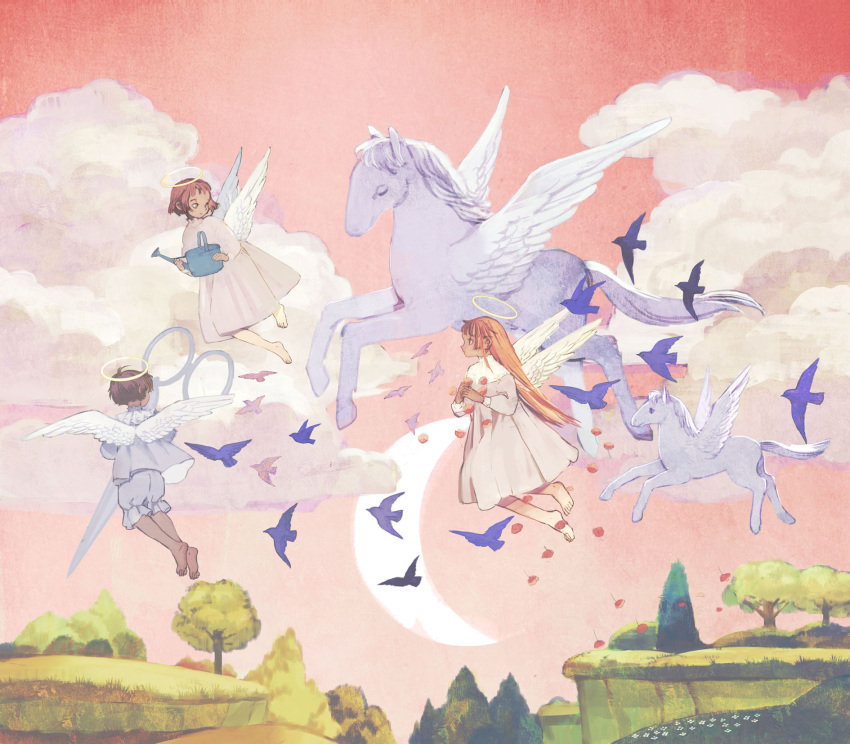 1boy 2girls ahoge angel angel_wings barefoot bird blue_bird blue_pajamas closed_mouth clouds collared_dress crescent_moon dress english_commentary falling_flower flower flying foal from_behind from_side grass halo highres hill holding holding_scissors holding_watering_can long_hair looking_at_another looking_back looking_down moon multiple_girls original outdoors pajamas pegasus pine_tree pink_bird pink_dress red_flower red_sky redhead scissors short_bangs short_hair sky sleeve_cuffs tono_(rt0no) tree watering_can white_flower wings