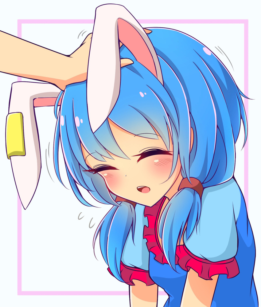 1girl animal_ears bangs blue_hair blush closed_eyes commentary_request eyebrows_visible_through_hair floppy_ears flying_sweatdrops highres inon low_twintails open_mouth petting rabbit_ears seiran_(touhou) short_sleeves solo_focus touhou twintails upper_body