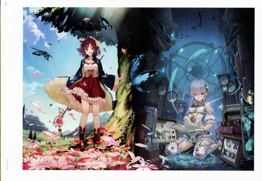 2girls absurdres atelier_(series) atelier_sophie bare_shoulders blush book breasts brown_eyes brown_hair gloves green_eyes hair_ornament hat highres jewelry long_hair looking_at_viewer medium_breasts multiple_girls necklace noco_(adamas) official_art plachta reading scan short_hair silver_hair skirt tree
