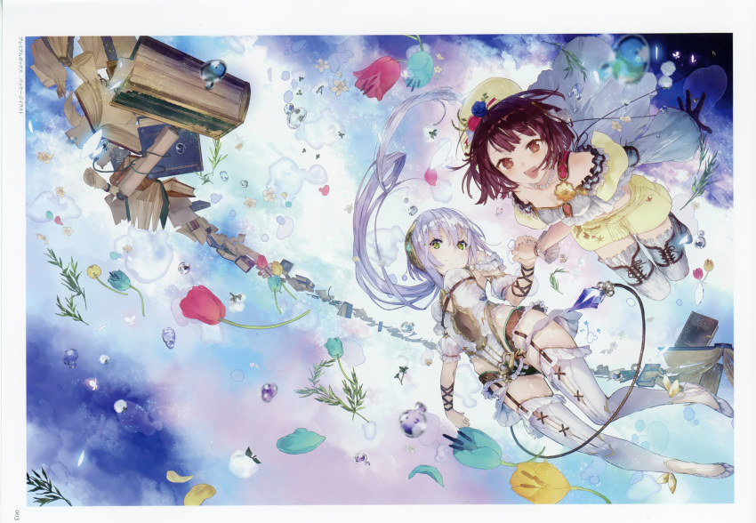 2girls absurdres atelier_(series) atelier_sophie bare_shoulders blush book breasts brown_eyes brown_hair flying gloves green_eyes hair_ornament hat highres jewelry long_hair looking_at_viewer medium_breasts multiple_girls necklace noco_(adamas) official_art open_mouth plachta scan short_hair silver_hair skirt smile sophie_neuenmuller thigh-highs