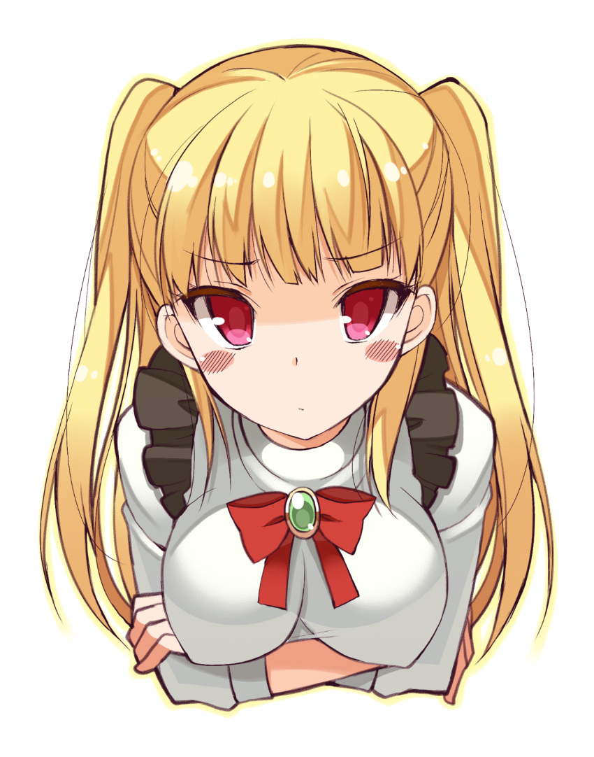 1girl blonde_hair blush_stickers bow bowtie breasts closed_mouth crossed_arms erect_nipples eyebrows_visible_through_hair frown gem highres impossible_clothes large_breasts long_hair long_sleeves looking_at_viewer oota_yuuichi outline red_neckwear shirt simple_background solo suspenders tokyo_7th_sisters twintails white_background white_shirt yellow_outline