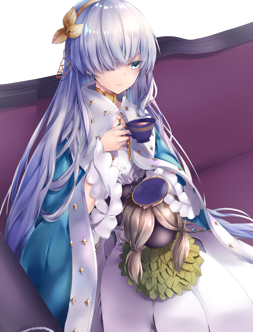 1girl anastasia_(fate/grand_order) bangs blue_cloak blue_eyes commentary cup doll dress fate/grand_order fate_(series) fur_trim grey_hair hair_ornament hair_over_one_eye hairband hane_yuki highres holding holding_cup jewelry leaf_hair_ornament long_hair necklace orange_hairband royal_robe saucer silver_hair sitting smile solo tea very_long_hair white_dress