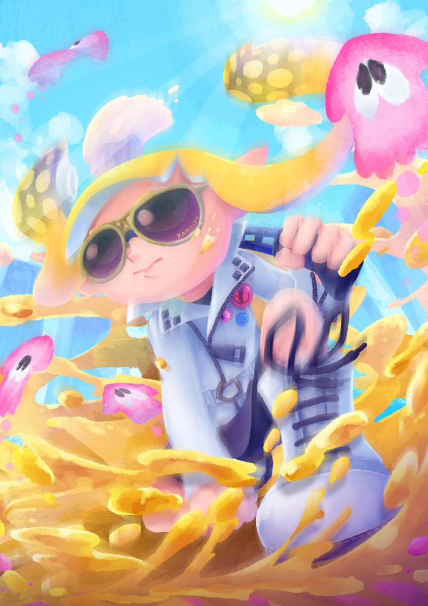 1girl badge bike_shorts black_shorts blonde_hair blue_sky boots brown_eyes button_badge closed_mouth clouds clumeal day domino_mask highres holding holding_paintbrush inkbrush_(splatoon) inkling light_rays long_hair long_sleeves mask one_knee outdoors over_shoulder paintbrush pointy_ears shorts sky solo splatoon splatoon_2 squid sun sunbeam sunglasses sunlight tentacle_hair white_footwear zipper zipper_pull_tab