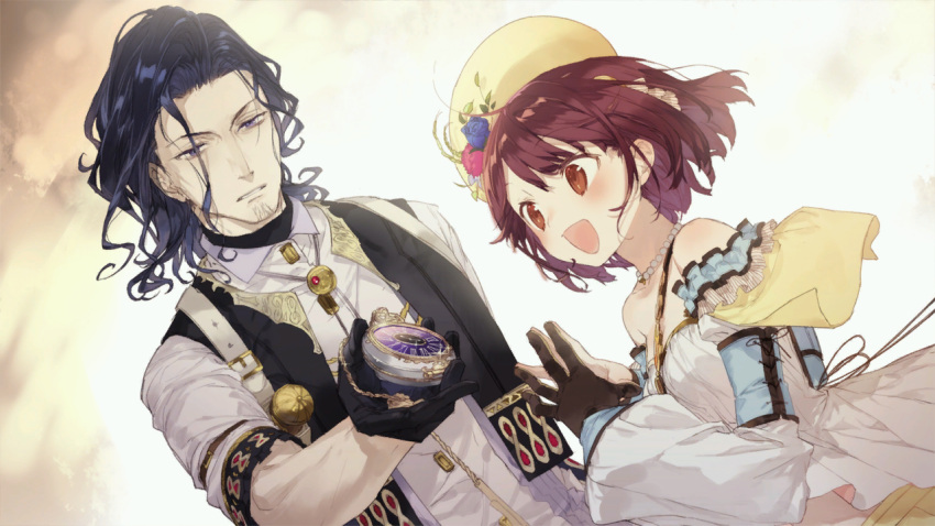 1boy 1girl atelier_(series) atelier_sophie black_hair blush boots brown_eyes brown_hair game_cg gloves harol_simens hat jewelry long_hair necklace noco_(adamas) official_art open_mouth short_hair smile sophie_neuenmuller violet_eyes
