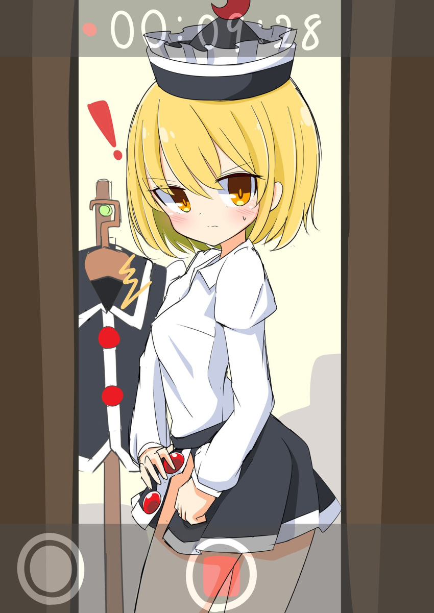 ! 1girl bangs blonde_hair blush closed_mouth clothes_hanger collared_shirt commentary_request cowboy_shot eyebrows_visible_through_hair hat highres inon juliet_sleeves long_sleeves looking_at_viewer lunasa_prismriver puffy_sleeves recording shirt short_hair skirt solo sweat touhou undressing white_shirt yellow_eyes