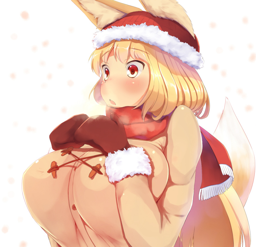 animal_ears beanie blonde_hair blush breast_suppress breasts breath coat commentary_request duffel_coat enpera fox_ears fox_tail fur_trim hat highres huge_breasts long_hair mittens original red_eyes scarf shinoshinosp tail